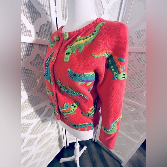 ALLIGATOR CARDIGAN SWEATER MICHAEL SIMON SMALL RETRO CROCODILE ANIMAL PRINT - Picture 16 of 16